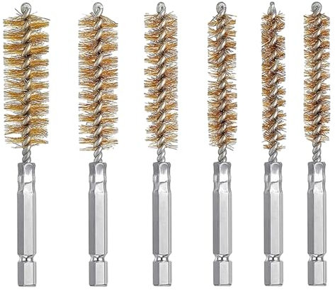 6pcs Stainless Steel Bore Brush Set Durable Wire Cleaning Brush Washing Polishing Tools with 1/4-inch Hex Shank Handle for Power Drill Impact Drive Die Grinders(Yellow)