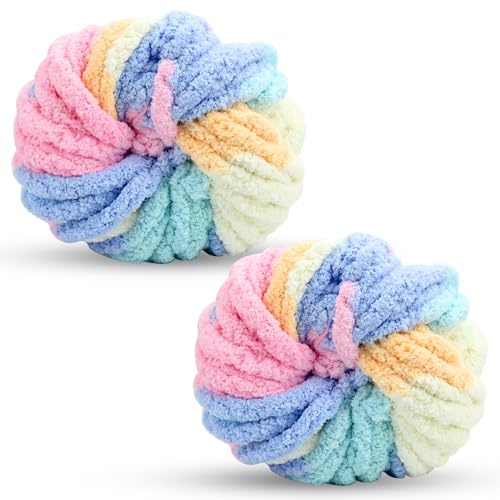Chunky Wool Yarn 250g × 2, Multi-Colored Knitting Yarn for Crochet, 2cm Soft Knitting Wool for Making Handmade Bags Hats Blankets Pillow Cushion Cat Bed