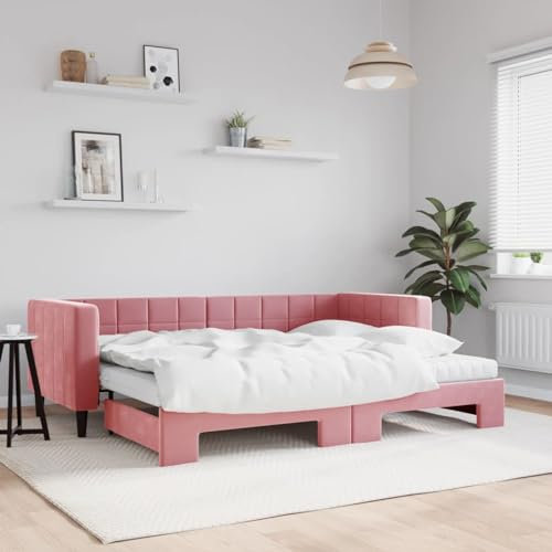 Homgoday 2-in-1 Tagesbett Rosa - Samt, Metall, Massivholz - Doppelbett mit Rollkasten - Wohnzimmer oder Gästezimmer Model3196711