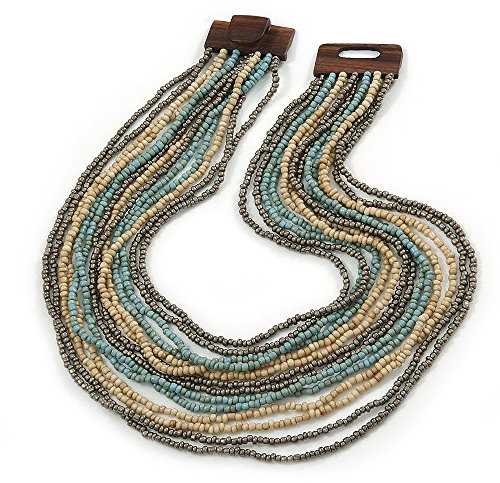 Avalaya Off White/Metallic Grey/Light Blue Glass Bead Multistrand Layered Necklace With Wooden Square Closure/56cm Long