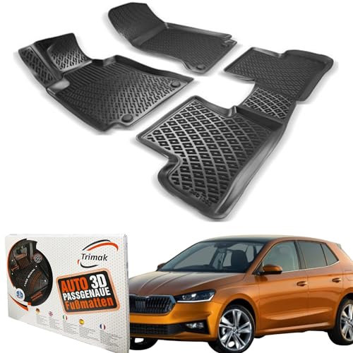 Trimak Passgenau 3D Fussmatten Auto Kompatibel mit Skoda Fabia 4 Gen 2021-2023 Auto Zubehör 1. und 2. Reihe Gummimatten Autos TPE Allwetter Geruchlos rutschfest Vorne & Hinten Schwarz
