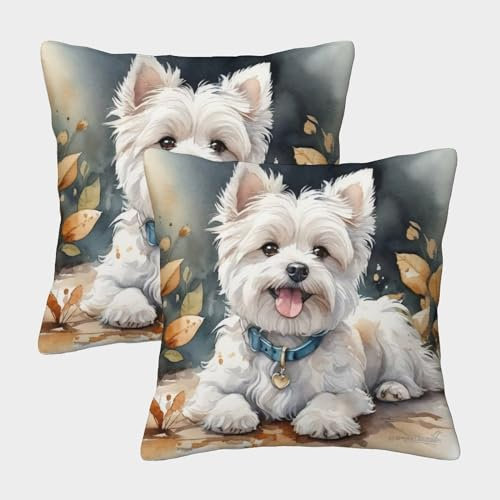 TNFHSOFT West Highland White Terrier Kissenbezug 2er Set Kissenbezüge Wohnzimmer Kissenhülle Sofakissen Polyester Polster Textil Für Sofa Schlafzimmer Couch Outdoor Deko Kissen 50x50cm