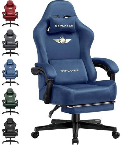 GTPLAYER Gaming Stuhl, Atmungsaktiver Bürostuhl, bürostuhl ergonomisch, Hochwertiger - Stoff, Ergonomischer PC Stuhl, 160° Verstellbare Rückenlehne und ausziehbare Fußstütze, Blau