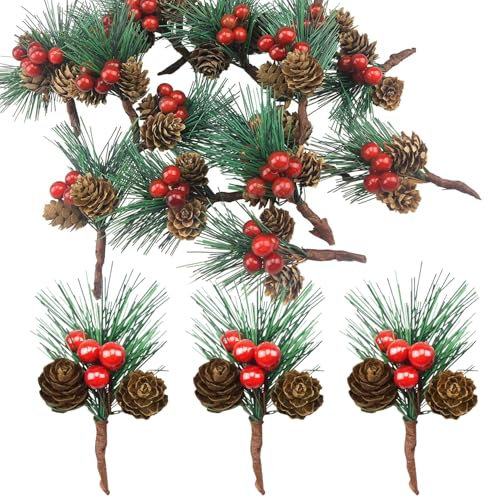 20 STK. Kleine künstliche Tannenzweige mit Beeren und Tannenzapfen künstliche Weihnachtsspieße Ideal für Weihnachtsdekoration Innen selber Machen Basteln Adventkranz Advent Tischdeko Heimdekoration