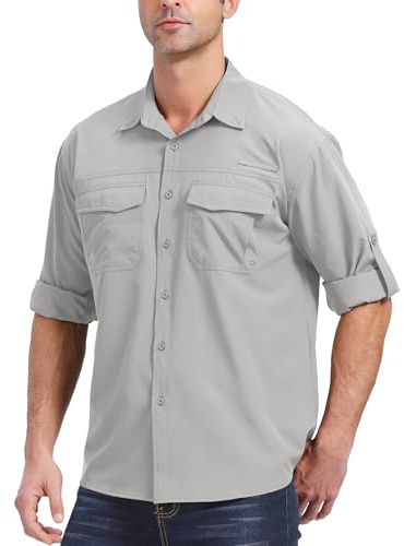 Yenwits Outdoor Hemd Herren Langarm Safari Hemd UV Schutz UPF 50+ Funktionshemd Atmungsaktiv Schnelltrocknend Freizeithemd für Wandern Angeln Trekkin（5051，Grau，L）