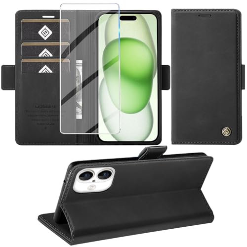 Giyer Handyhülle für iPhone 16 Plus Hülle mit Schutzfolie, Kartenfach Wallet Klapphülle Premium Leder Standfunktion Schutzhülle für iPhone 16 Plus 4G/5G Flip Case Cover Tasche (Schwarz)