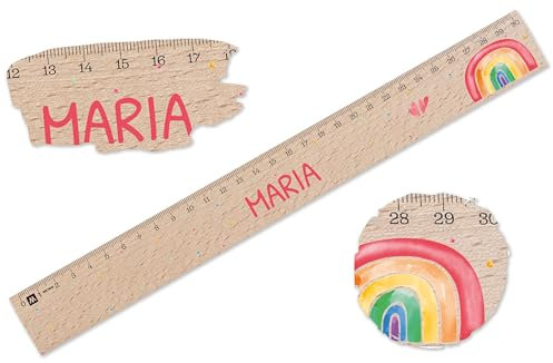 Holz Lineal 30cm - Einschulungsgeschenk für Mädchen | 30 Holzlineal mit süßem Regenbogen und Namen - 30 cm - Holz - 30 cm