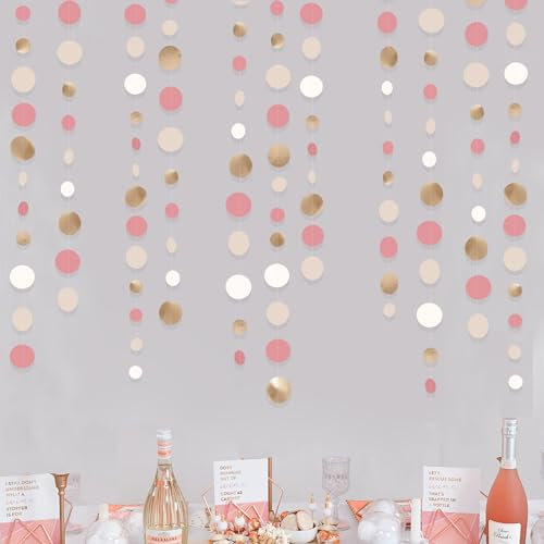 46Ft Champagne Or et Rétro Rose à Pois Papier Guirlande Bannière Décoration de Fête Or Neutre Nude Rose Crème Blanc Boho Cercle Points Streamer à Suspendre pour Anniversaire Bapteme Mariage Thé Decor
