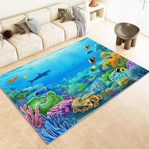 Srigzcaly Kurzflor Rechteck Teppich Wohnzimmer 80x150cm Unterwasserszene Fische Korallen Cartoon Waschbarer Teppich für Mädchen Junge Schlafzimmer, Blau Kinderzimmer Flauschig rutschfest Teppiche