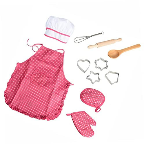 Garneck Set Da 11 Pezzi guanto da cucina grembiule e cappello da chef bambini che cucinano set da cucina per bambini giocattoli per bambini utensili per giocare a cucinare Di legno rosso
