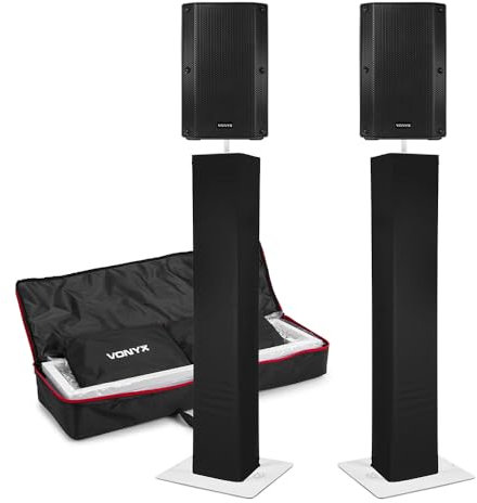 VONYX Active DJ Speaker Package with Bluetooth, MP3 Player, Two Powered 10-Inch Speakers, Adjustable Plinth Stands and Lycra Scrims, 500W DJ Speaker Kit for Events