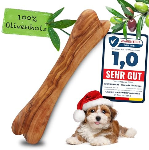 Wünschwas Olivenholz-Kauspielzeug Hunde – 100% natürliches Kauholz. Holzknochen zur Zahnpflege, Robustes Hundespielzeug kleine Hunde, Größe S 15x3 cm.