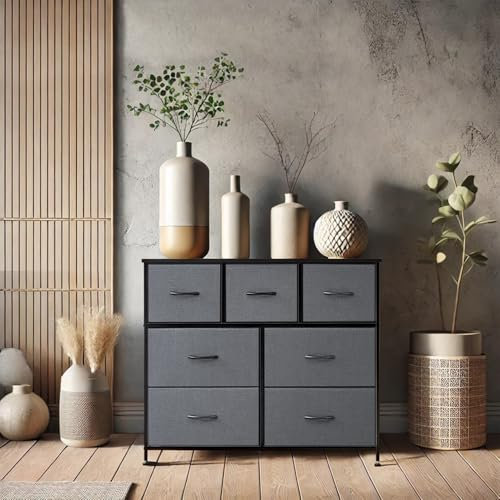 DUMOS Kommode für Schlafzimmer mit Stoffschubladen hohe Organizer für Kleidung Schrank Kinderzimmer Aufbewahrungsturm mit Schrank Metallrahmen Holzplatte leichte