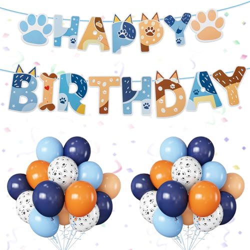 Yiran 21Stk Blue Dog Geburtstag Deko Mädchen Junge Mit Happy Birthday Girlande Geburtstag und 12 Zoll Paw Luftballons Geburtstag Weiße Blaue Orange Latex Balloons, Hund Paw Geburtstag Party Deko