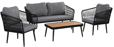 ESTEXO Gartenmöbel Set Sitzgruppe Rope Essgruppe Seil-Optik Outdoor Gartenbank Akazienholz Gartentisch Schwarz