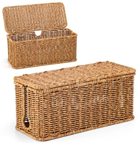 ZhiYo Handgefertigte Kabelbox aus Rattanimitat, Tief gesprenkeltes Braun, Kabelverstecker-Box für Schreibtisch zum Verstecken von Kabeln & Steckdosenleiste, 32x13,5x14 cm