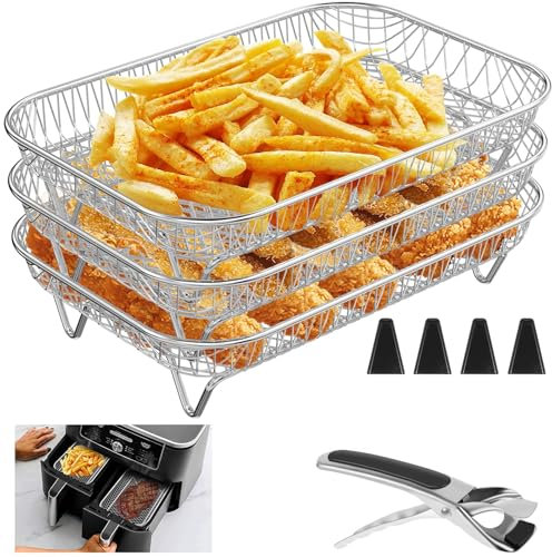 Ninja Heißluftfritteuse Zubehör,3 Stück 304 Edelstahl Air Fryer Racks Korb, Stapelbar Luftfritteuse Racks Heißluftfritteuse Racks Luftfritteuse Korb Air Fryer Tray Grillrost Rack
