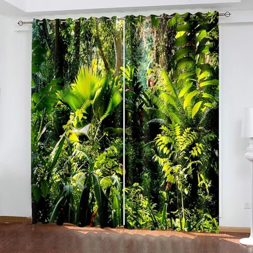 Beydodo Gardinen mit Ösen Blickdicht, Vorhänge Schlafzimmer 2er Set 102x214CM Natur Grün Tropische Pflanzen Verdunklungsvorhänge Jugendzimmer Wohnzimmer