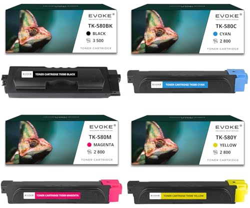 4 Tonerkartuschen für Kyocera TK-580 CMYK, 3.500 Seiten Schwarz + 2800 Seiten pro Farbe, TK580, kompatibel mit P6021 P6021cdn FS-C5150 FS-C5150DN