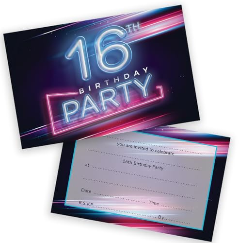 Stuff4 Party-Einladungen zum 16. Geburtstag für Teenager – Disco Neonlichter – Kindergeburtstagseinladungen für Jungen/Mädchen A6 Geburtstagsparty-Einladungskarten mit Klappumschlägen, 20 Stück