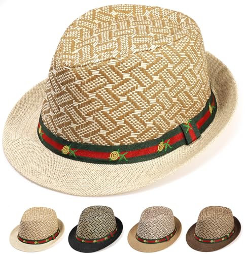 Initlove Straw Fedora Hat for Men Short Brimmed Panama Trilby Hat Rose Beige