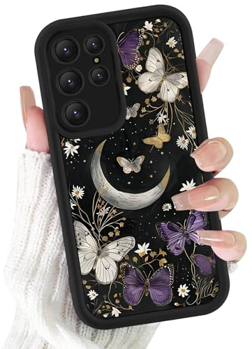 Kivlclri Handyhülle für Samsung Galaxy S25 Ultra 5G Hülle 6,8, Aesthetic Lila Schmetterlinge Mond Motiv Design für Mädchen Schutzhülle Kameraschutz Stoßfest Weiche Bunt Schwarz Silikon TPU Case