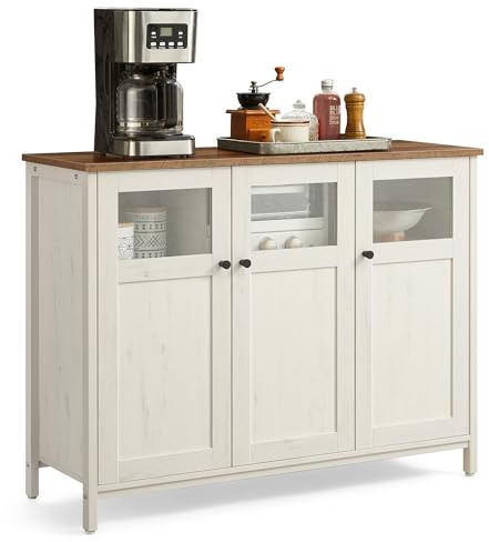 VASAGLE Mobiletto Multiuso, Credenza, Armadietto con Ante in Vetro, per Sala da Pranzo Salotto Corridoio Cucina, Struttura in Acciaio, Stile Industriale, Marrone Miele e Bianco Vintage LSC099WJ02