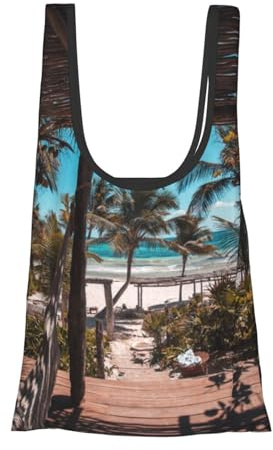 Beach Palm Trees Print Foldable Reusable Grocery Bag Lightweight Shopping Tote for Groceries Travel Beach Eco-Friendly Compact Adventure Tote
