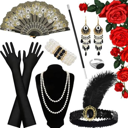 FHUZRE 20er Jahre Accessoires Damen Set, Gatsby Accessoires Fächer Handschuhe Schwarz Lang Perlenkette Ohrringe Kopfschmuck Perlenarmband, Karneval Kostüm Charleston 1920er Zubehör