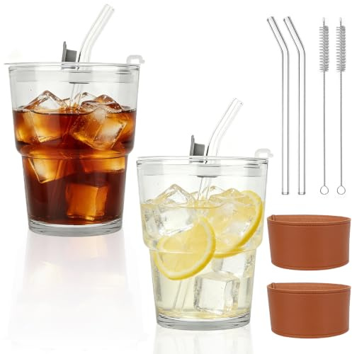 2 Vasos de Cristal de 400 ml con Tapa y Pajita, Vasos Reutilizables con Funda Protectora y Cepillo de Limpieza, Herméticos y Antifugas, para Café Helado, Té, Matcha, Zumos y Bebidas Frías