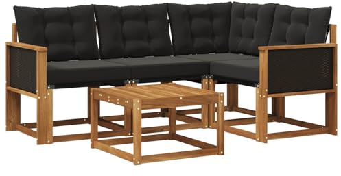 vidaXL Outdoor-Sofagarnitur mit Kissen 5 pcs Natürlich und Schwarz, Garten-Sofa, Moderne Außenmöbel, langlebige Sitzgruppe, Bequeme Lounge, Akazien-Sitze, Entspannung im Garten