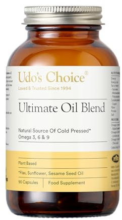 Udo's Choice Ultimate Oil Blend Capsules – Vegan Omega 3 6 9 from Cold-Pressed Plant Oils – Flaxseed, Evening Primrose, Sunflower – Heart, Brain, Skin, Hormone Support – 90 Capsules – 45 Servings