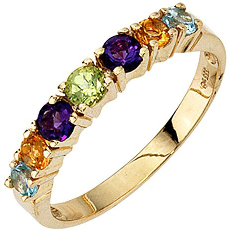 Jobo Damen-Ring aus 8 Karat 333 Gold mit Amethyst Blautopas Citrin Peridot Größe 54