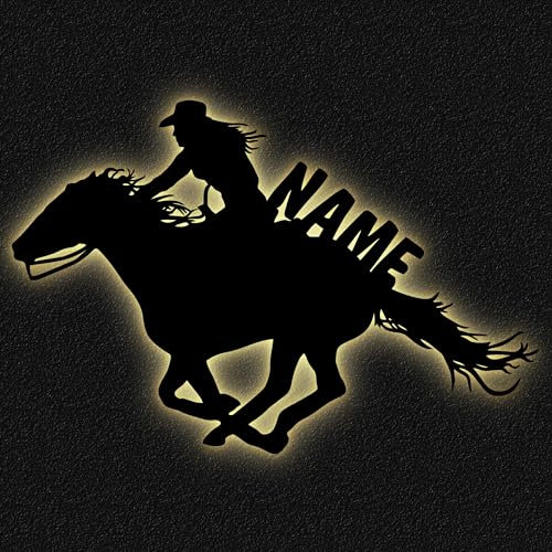 Schlummerlicht24 Led Holz Wandtattoo Deko-Lampe Ein Cowgirl-Hut mit Name, Geschenk-e für Western Fraue-en Kinder Mädchen und Indianer Party Wild West Stiefel Pferd-e