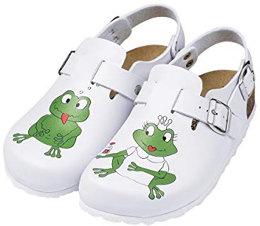 CLINIC DRESS Clog Clogs Damen mit Frosch-Motiv. Lustige Schuhe für Pflegekräfte, Ärzt:innen oder Krankenschwestern weiß, Frosch, 38