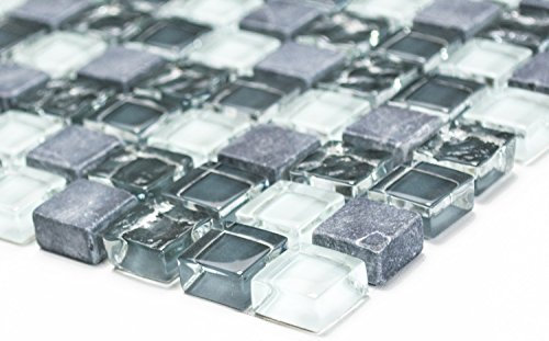 Mosaik Quadrat Crystal/Stein mix grau Glas Naturstein Fliesenspiegel, Mosaikstein Format: 15x15x8 mm, Bogengröße: 322x305 mm, 1 Bogen/Matte