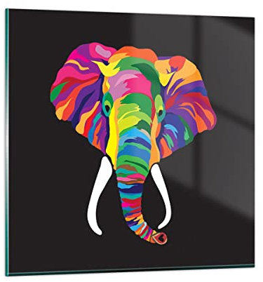 Moderne Impression sur Verre 40x40cm Image Tableau en Verre Decoration Murale Éléphant amusement coloré animal Petit Tableaux Decoratifs Muraux Chambre Cuisine Carré Deco Cadre Salon Art GAC40x40-2928