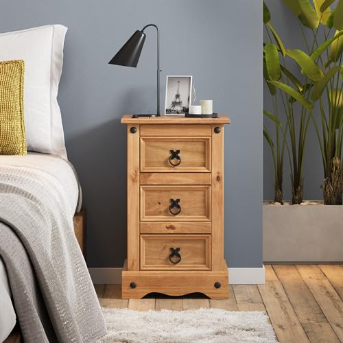 Mercers Furniture Corona Bedside Cabinet 3 Drawer Narrow Table Solid Wood Mexican Pine Wooden Bedroom Night Stand Side End Lamp Unit 58cm High 35cm Wide 33cm Deep