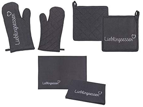 Küchenset Lieblingsessen mit Geschirrtuch Topfhandschuh Topflappen 4 teiliges Set