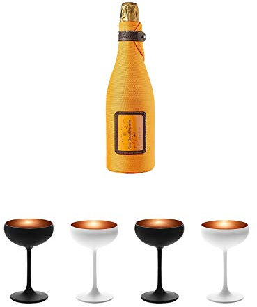 Veuve Clicquot Brut Champagner in Ice Jacket 0,75 Liter + 4 Stück Champagner Schalen in weiß und schwarz