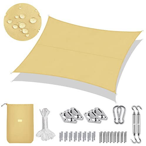 Sekey Sonnensegel Wasserdicht 3x4m Rechteckig mit Edelstahl Befestigungs Kit PES Polyester, Sonnenschutz 95% UV Schutz Windschutz Reißfest Wetterfest, für Balkon Garten, Sand
