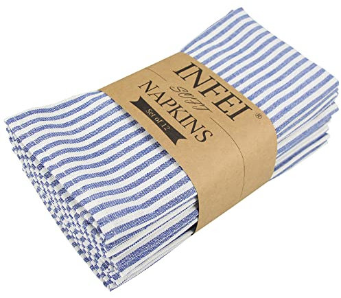 INFEI Plain Striped Cotton Linen Blended Dinner Cloth Napkins - Set of 12 (40 x 30 cm) - for Events & Home Use (Blue)