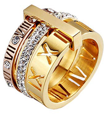 PAMTIER Damen Römische Ziffern 3 in 1 Ring aus Edelstahl mit Zirkonia Rose + Gold Größe 52 (16.6)