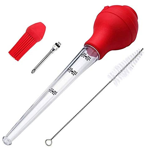 Kit de poire à marinade Seringue à marinade alimentaire Ampoule en caoutchouc FDA de qualité commerciale comprenant une seringue à marinade et une brosse pour barbecue à steak de dinde rouge,plastique