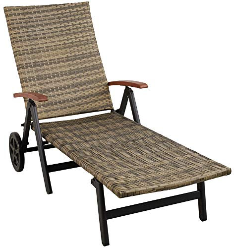 TecTake® Tumbona Jardín Exterior de Ratán y Aluminio, Tumbona de Piscina con Respaldo Regulable en 5 Posiciones, Tumbona de Playa Resistente a la Intemperie, con Ruedas, Fácil Limpieza - Natural