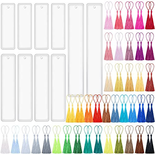 FEQO 90 Stück Lesezeichen Epoxidharz Form Set, 10 Pcs Lesezeichen Harz Form mit 80 Pcs Mini Quasten Silikon Lesezeichen Form Rechteck Resin Silikonform Gerade Quaste für DIY Lesezeichen Handwerk