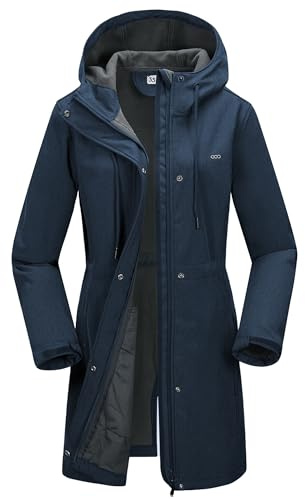 33,000ft Women’s Softshell Jacket with Hood Waterproof Ladies Functional Jacket Fleece Lined Windbreaker Breathable Raincoat Hooded Long Coats for Cycling Hiking Outdoor Blue M