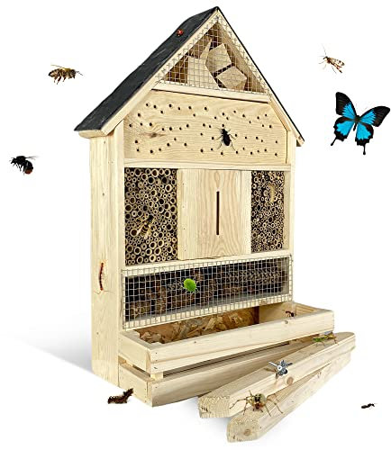 GARTENETAGE Stehendes Insektenhotel XXL mit Pflanzenoase & Schieferdach/Naturbelassenes, massives Insektenhaus & Bienenhotel/Insektenhotel zum Aufstellen/Nisthilfe & Artenschutz