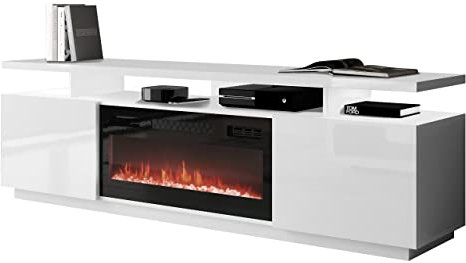 Mirjan24 Mobile TV Lostino con camino elettrico realistico LED fiamma focolare camino elettrico con riscaldamento TV basso (senza illuminazione bianco/bianco lucido)
