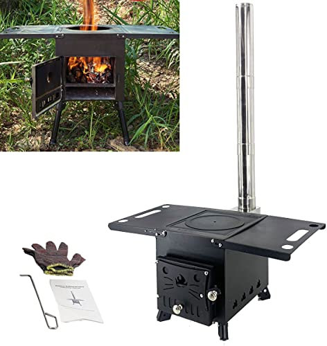 ECUTEE Estufa de leña portátil, estufa de camping, pequeño estufa de madera, estufa de camping con tubos de chimenea para camping calefacción pesca senderismo viajes mochileros caza cocina